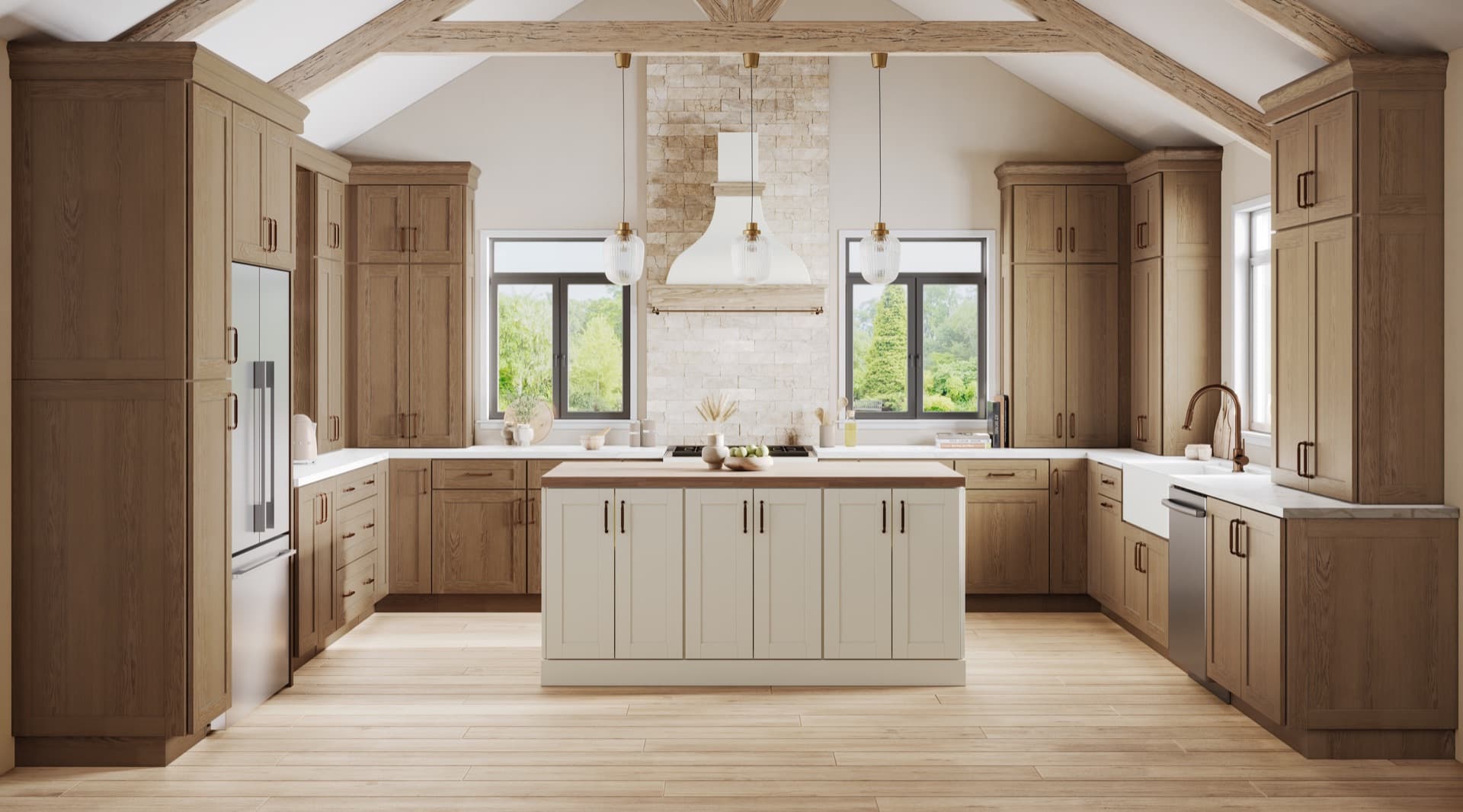 Modern farmhouse kitchen with natural wood cabinets and white island